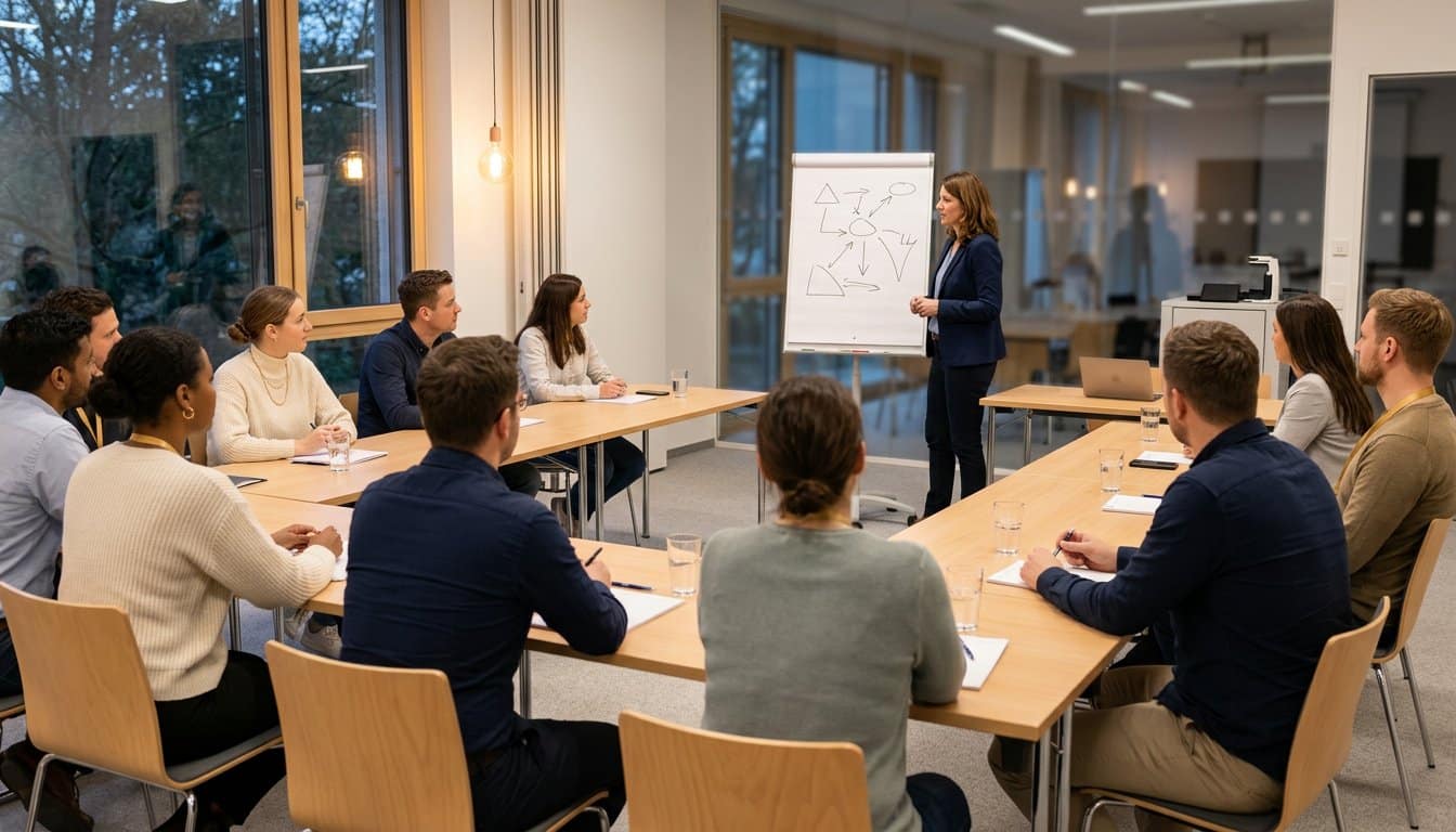 Berufstätige sitzen abends in einem hellen Seminarraum und folgen einem Vorbereitungslehrgang