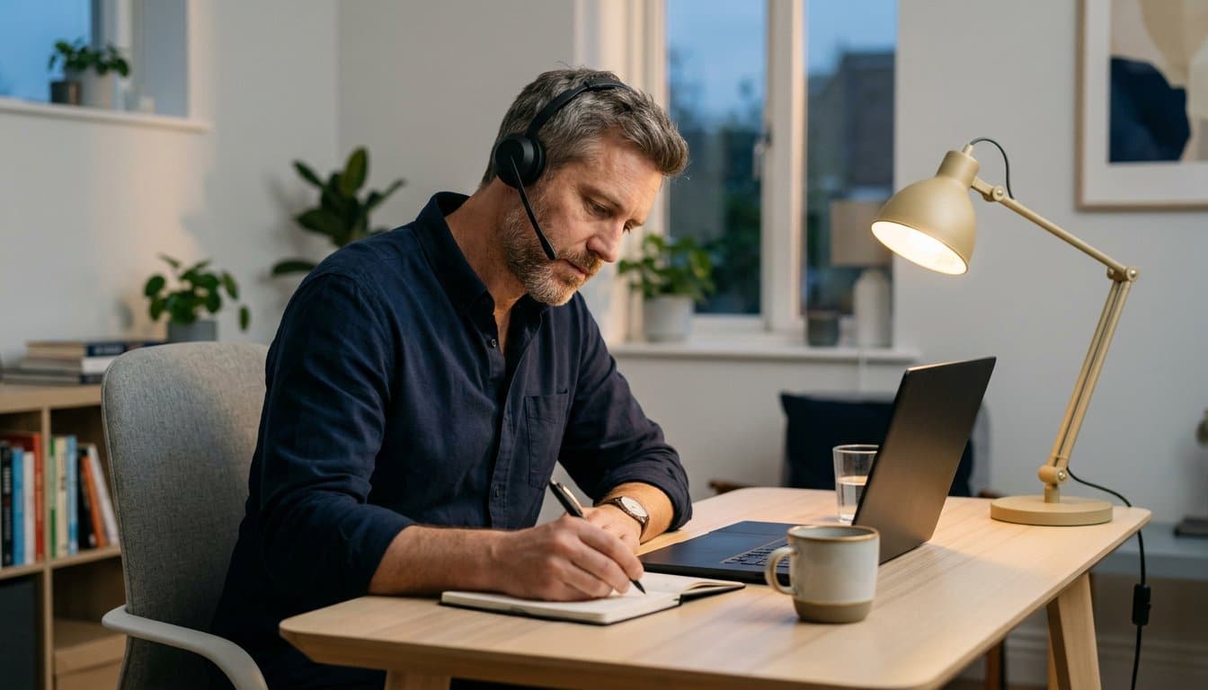 Berufstätiger lernt abends im Homeoffice mit Headset und Notizbuch für ein berufsbegleitendes Studium