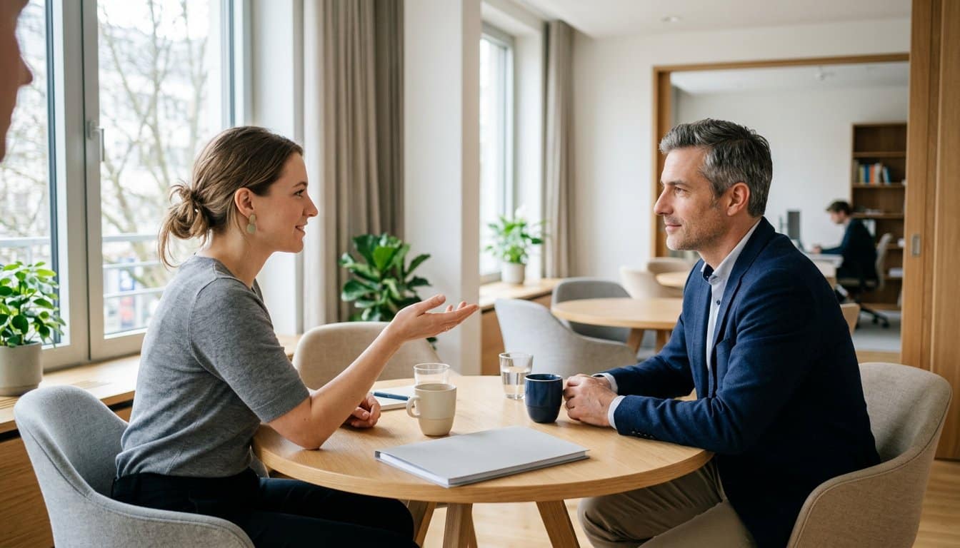 Mitarbeiterin und Teamleiter besprechen am Besprechungstisch eine geplante Weiterbildung
