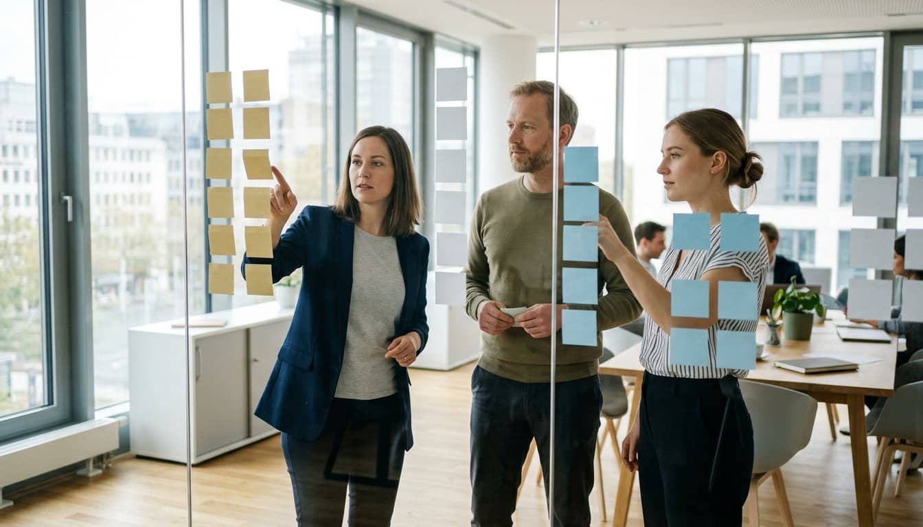 Kleines Projektteam ordnet in einem hellen Büro leere Haftnotizen an einer Glaswand zu einem Projektplan