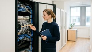 Fachinformatikerin steht nachdenklich vor einem geöffneten Netzwerkschrank in einem hellen Serverraum
