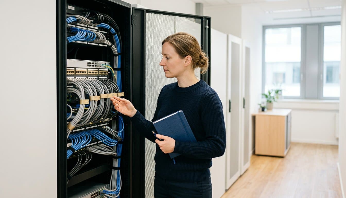 Fachinformatikerin steht nachdenklich vor einem geöffneten Netzwerkschrank in einem hellen Serverraum