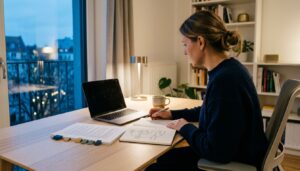 Berufstätige Softwareentwicklerin lernt abends am Schreibtisch mit Skizzenbuch und Studienskript