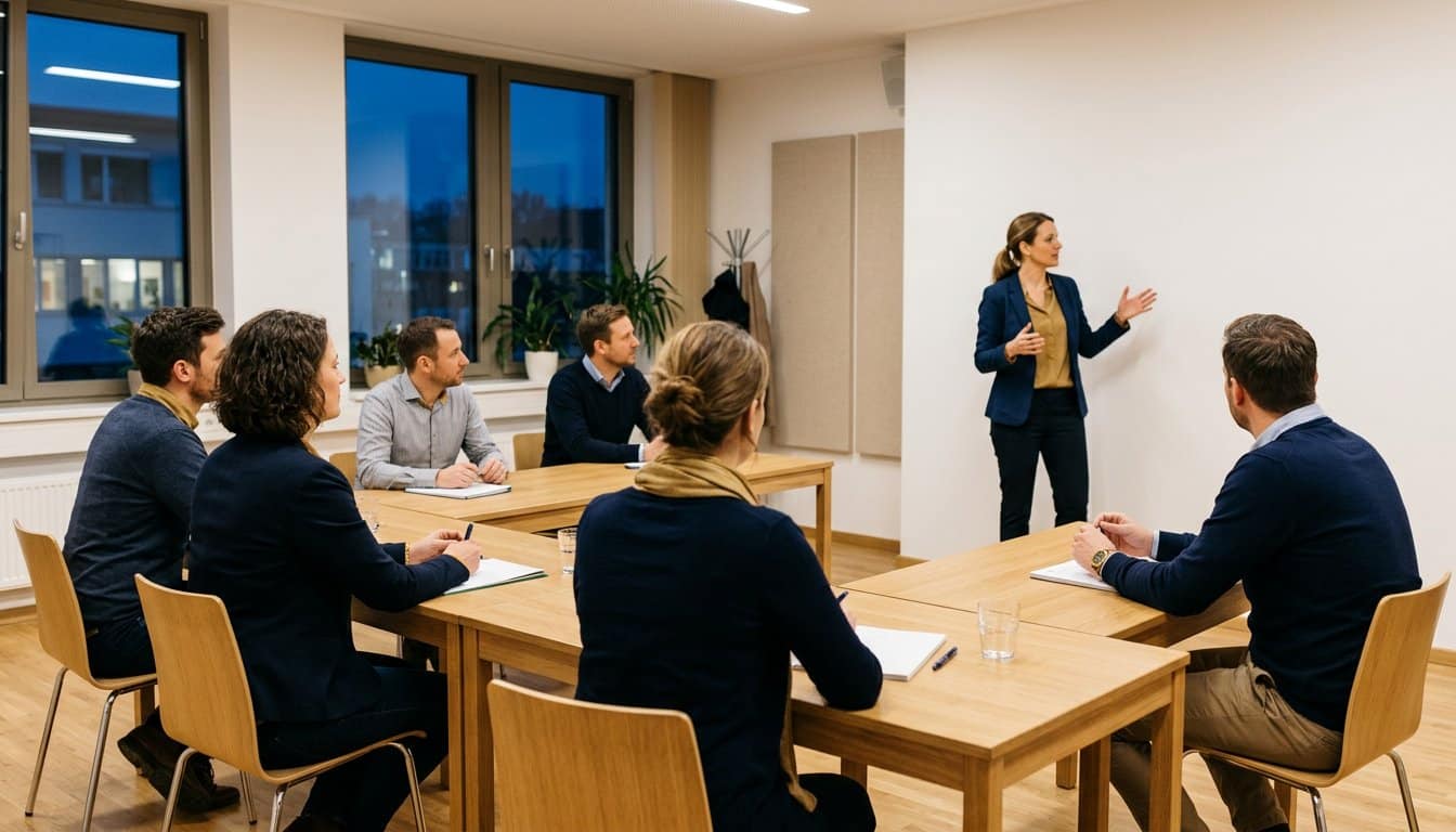 Berufstätige Erwachsene in einem abendlichen Seminar an einer Hochschule
