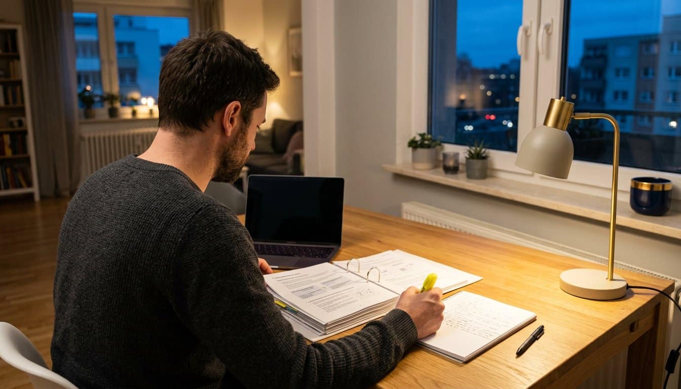 Berufstätiger lernt abends am Küchentisch mit Studienunterlagen und Textmarker