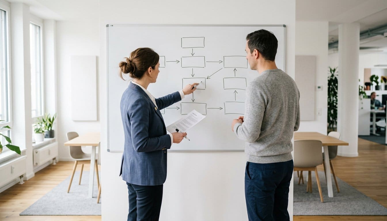 Zwei Kollegen besprechen an einem Whiteboard eine Prozessverbesserung mit Studienunterlagen
