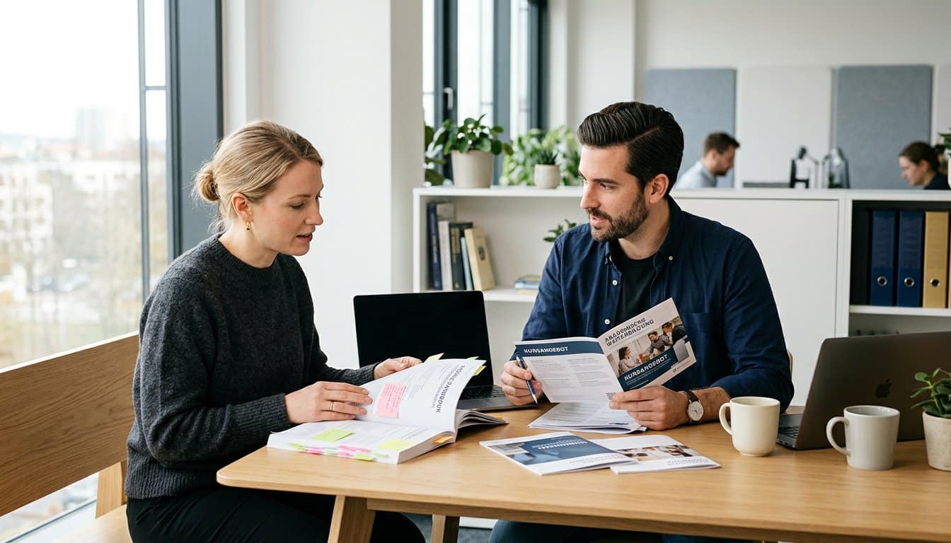 Zwei Berufstätige vergleichen Studienbroschüren und Modulhandbücher am Tisch