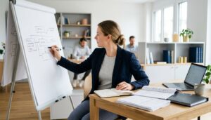 Berufstätige überträgt Notizen aus ihrem Studienskript auf ein Flipchart im Büro