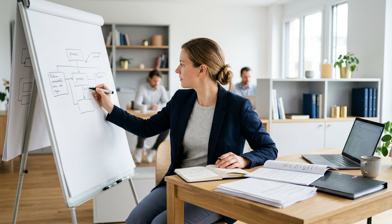 Berufstätige überträgt Notizen aus ihrem Studienskript auf ein Flipchart im Büro