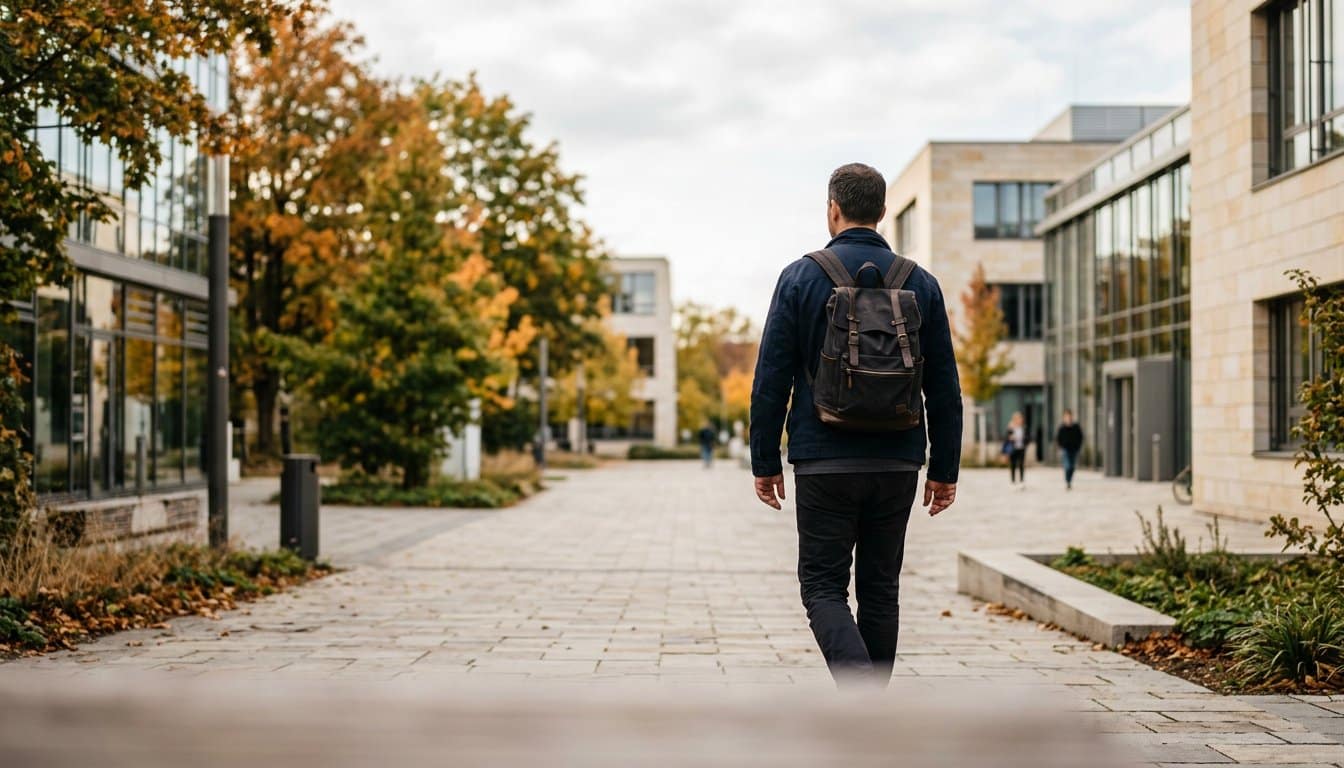 Berufstätiger Student auf dem Weg über einen Hochschulcampus zu einer Präsenzphase