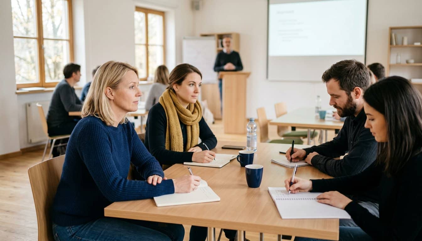 Berufstätige Studierende in einem Seminarraum während eines Präsenzwochenendes