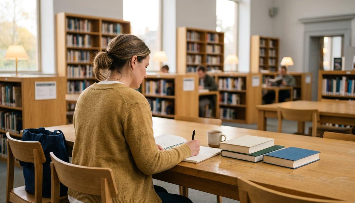 Berufstätige Frau lernt am Abend in einer Bibliothek mit Fachbüchern und Notizblock